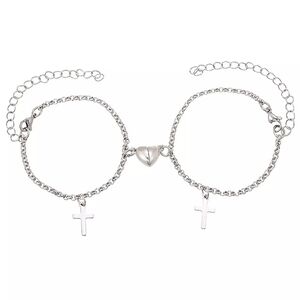NEW Cross Religious Couple Bracelet Heart-Shaped Charm Stainless Steel Magnetic